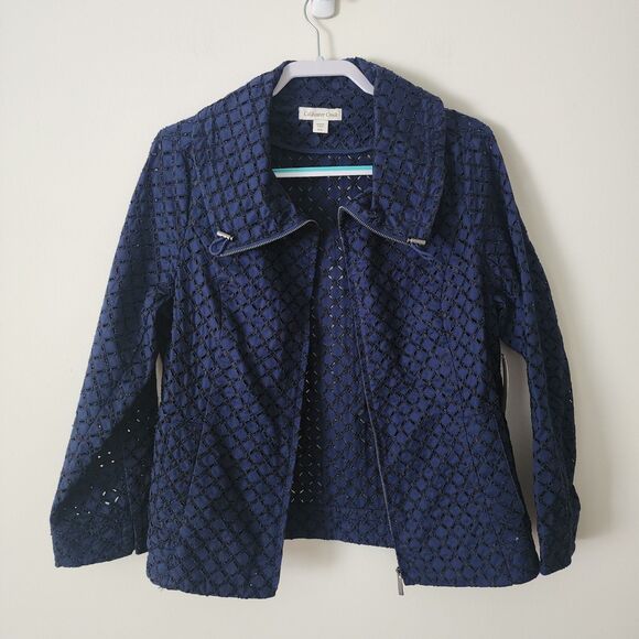 NWT $129 Coldwater Creek Womens Diamond Eyelet Jacket Navy Blue Full-Zip Sz 14P - Picture 2 of 9